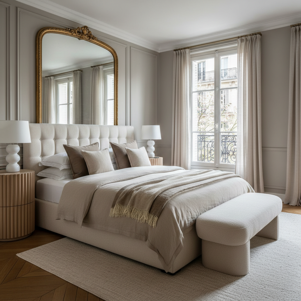 Image of a beautifully designed Parisian master bedroom showcasing neutral colors.