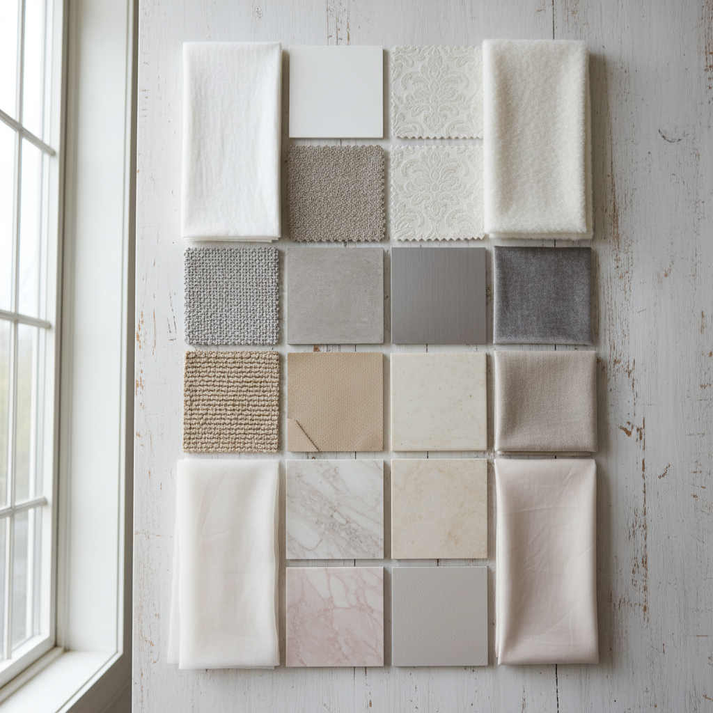 Collage of swatches for soft whites, warm grays, muted beiges, and pale blush.