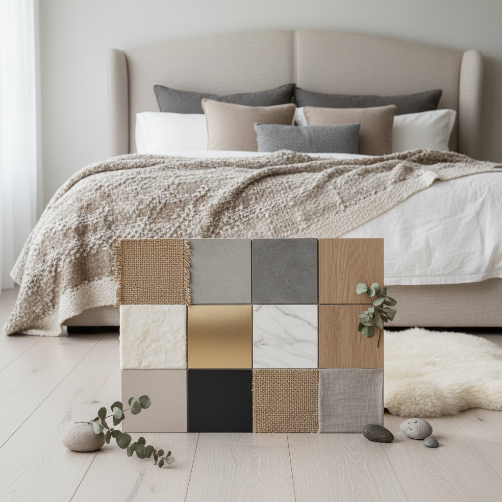 Mood board showcasing combinations of neutral colors in a master bedroom setting.