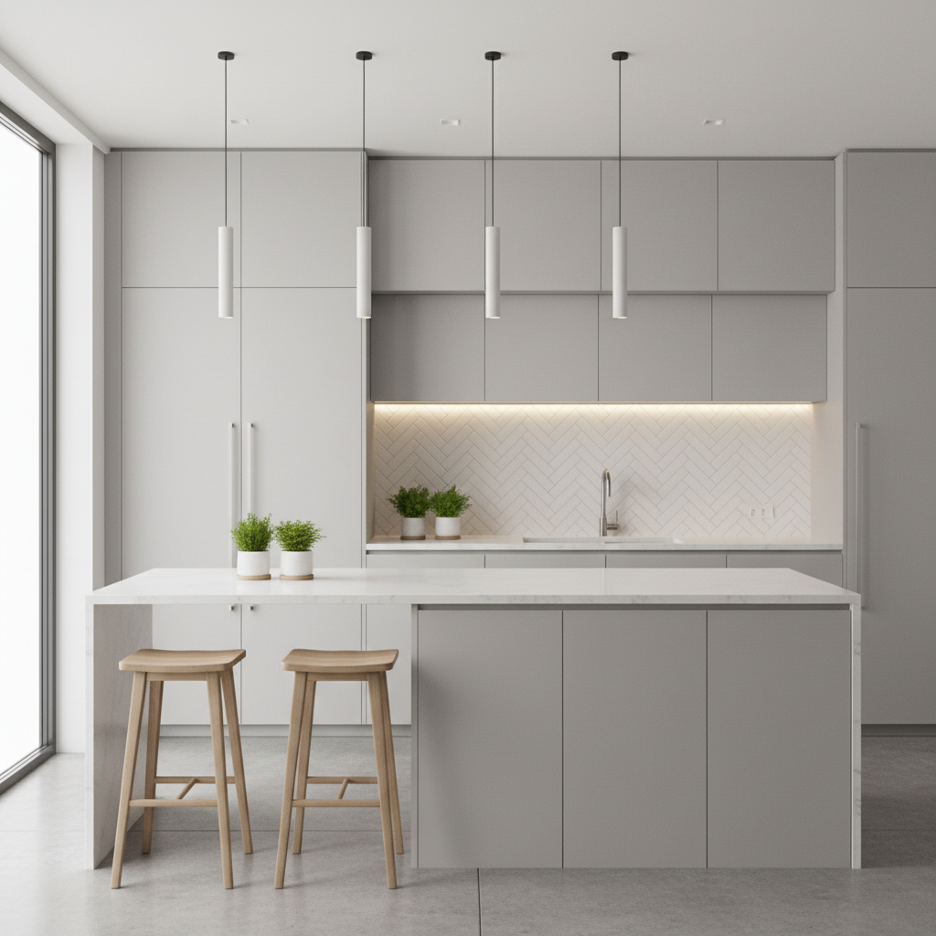 Image of a beautifully designed minimalist kitchen with clean lines and neutral colors.