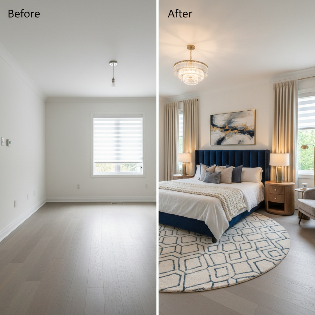 Before and after images of a virtually staged luxury bedroom.