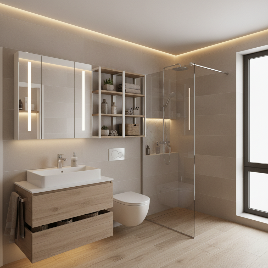 A modern small bathroom with neutral colors and innovative storage solutions.
