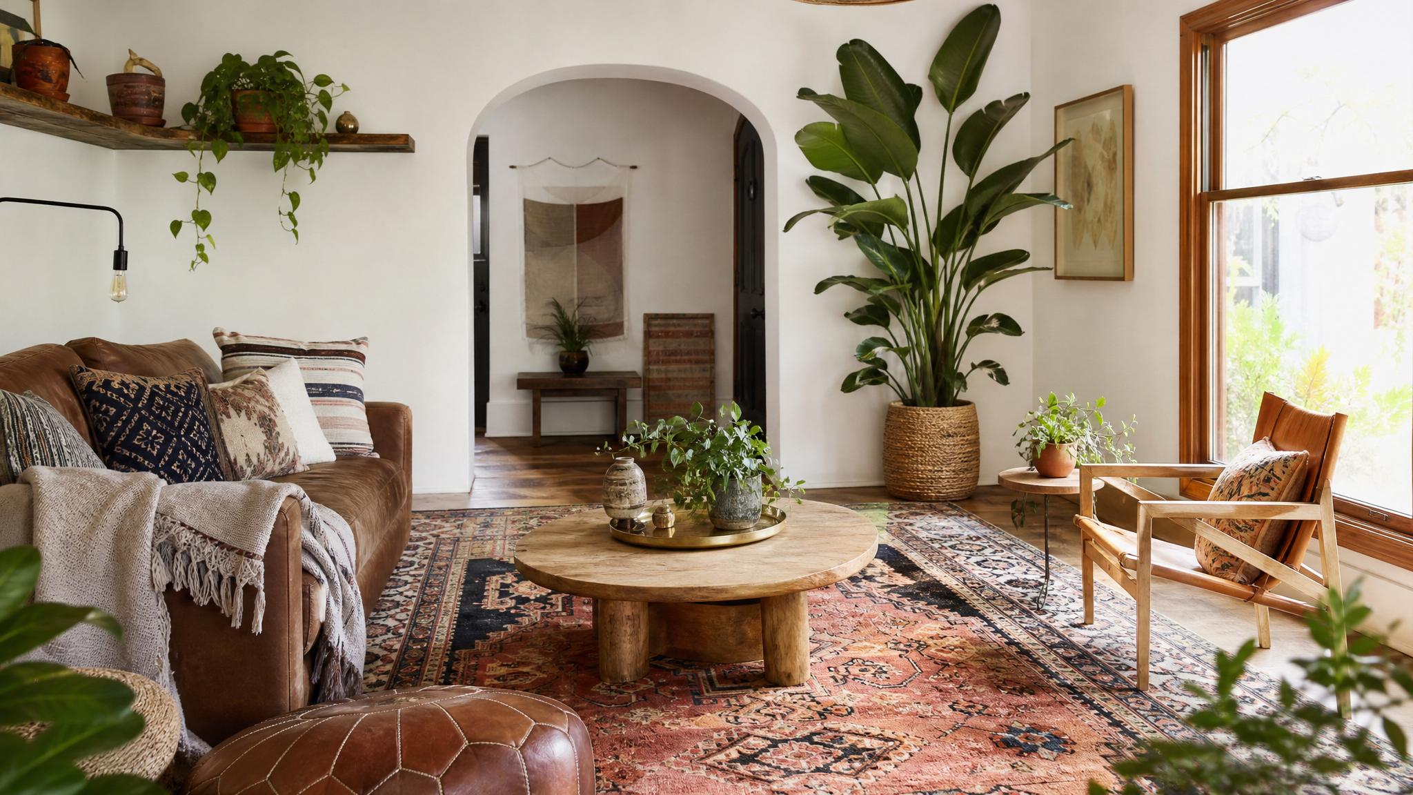 Image of a bohemian living room with layered textiles