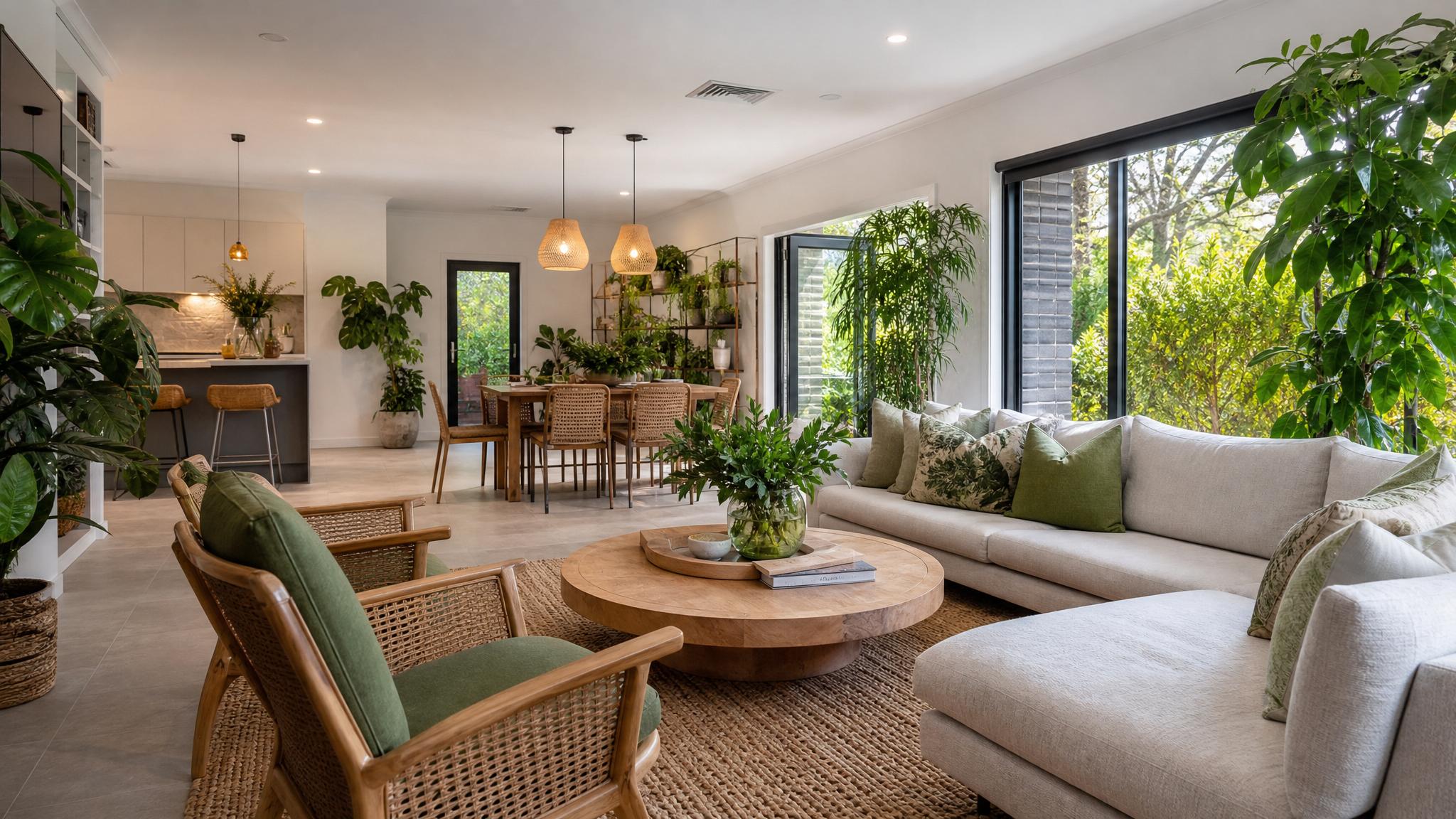 After image of the beautifully staged biophilic open-plan living room