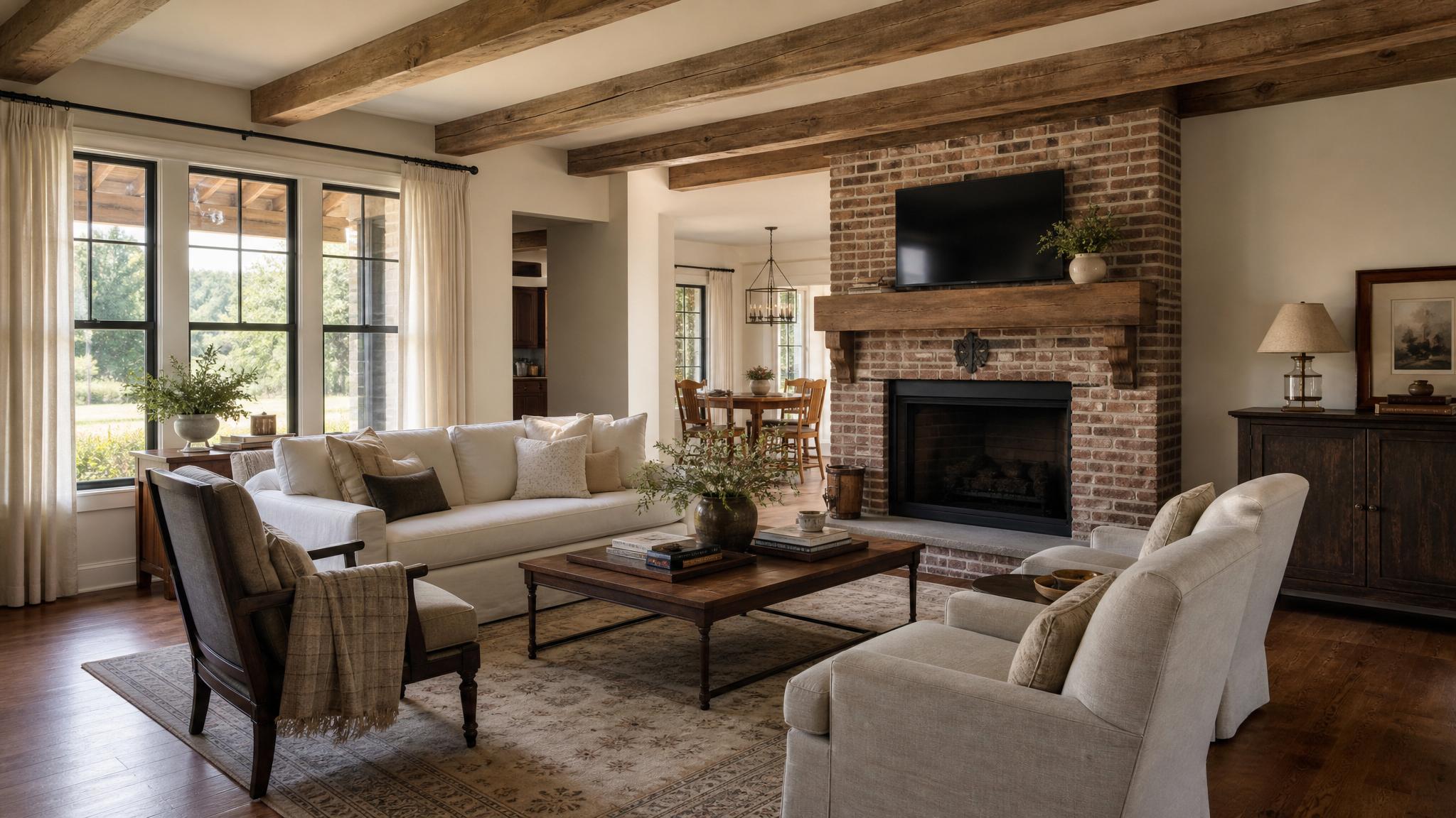 Image of a traditional farmhouse living room layout.