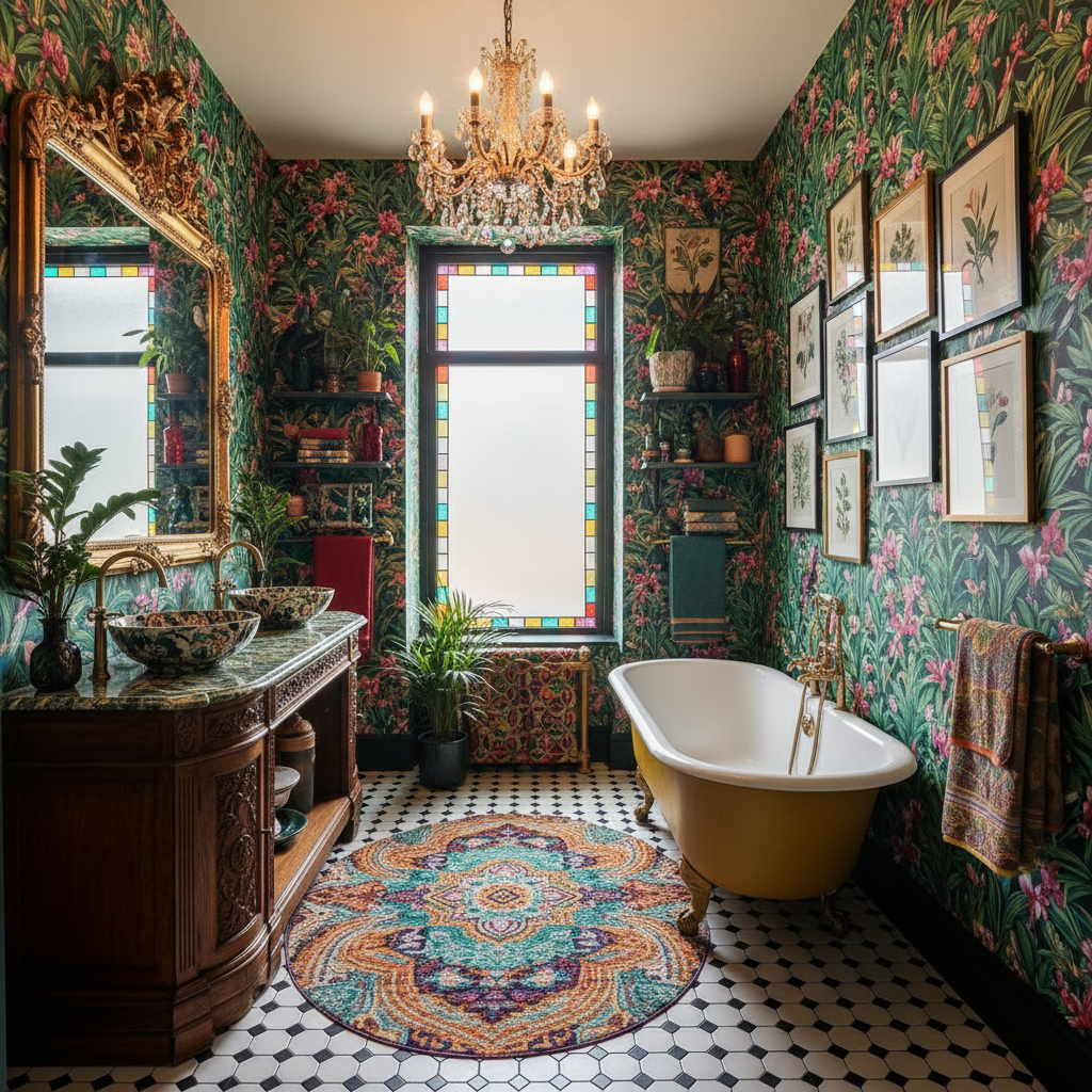 Image of a maximalist bathroom with bold patterns and colors