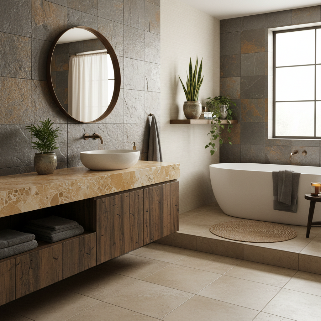 Image of textured materials and decor in a bathroom