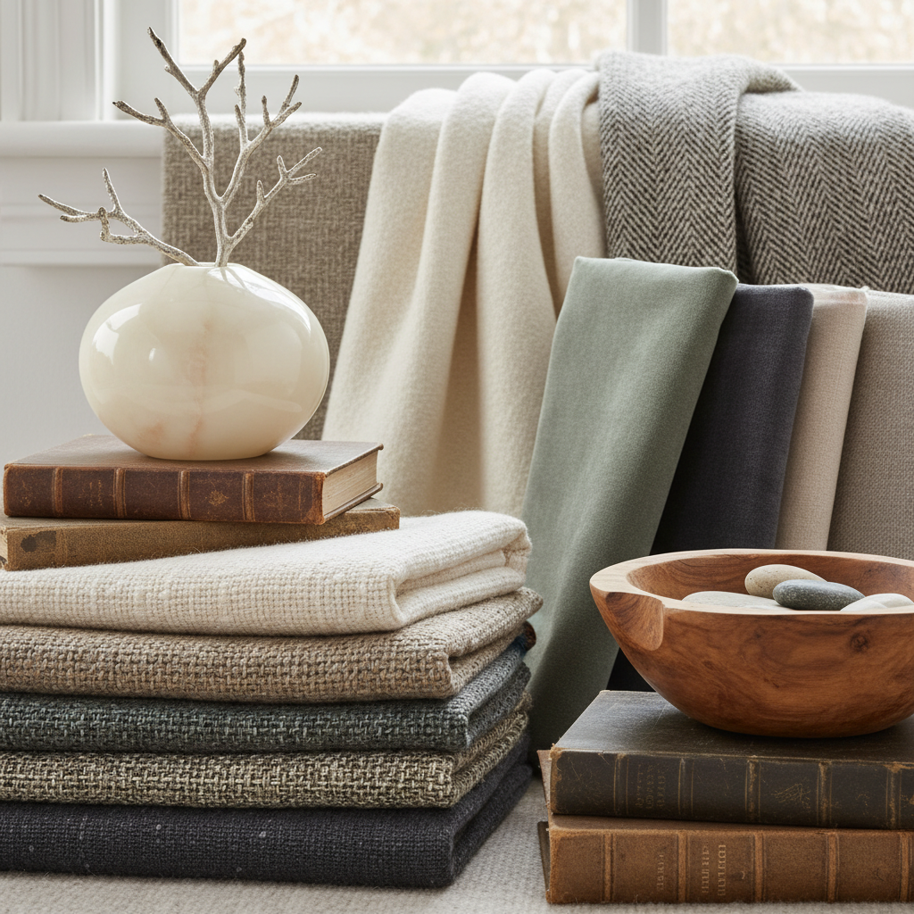 A close-up of luxurious fabric swatches and high-end decor pieces that embody quiet luxury.