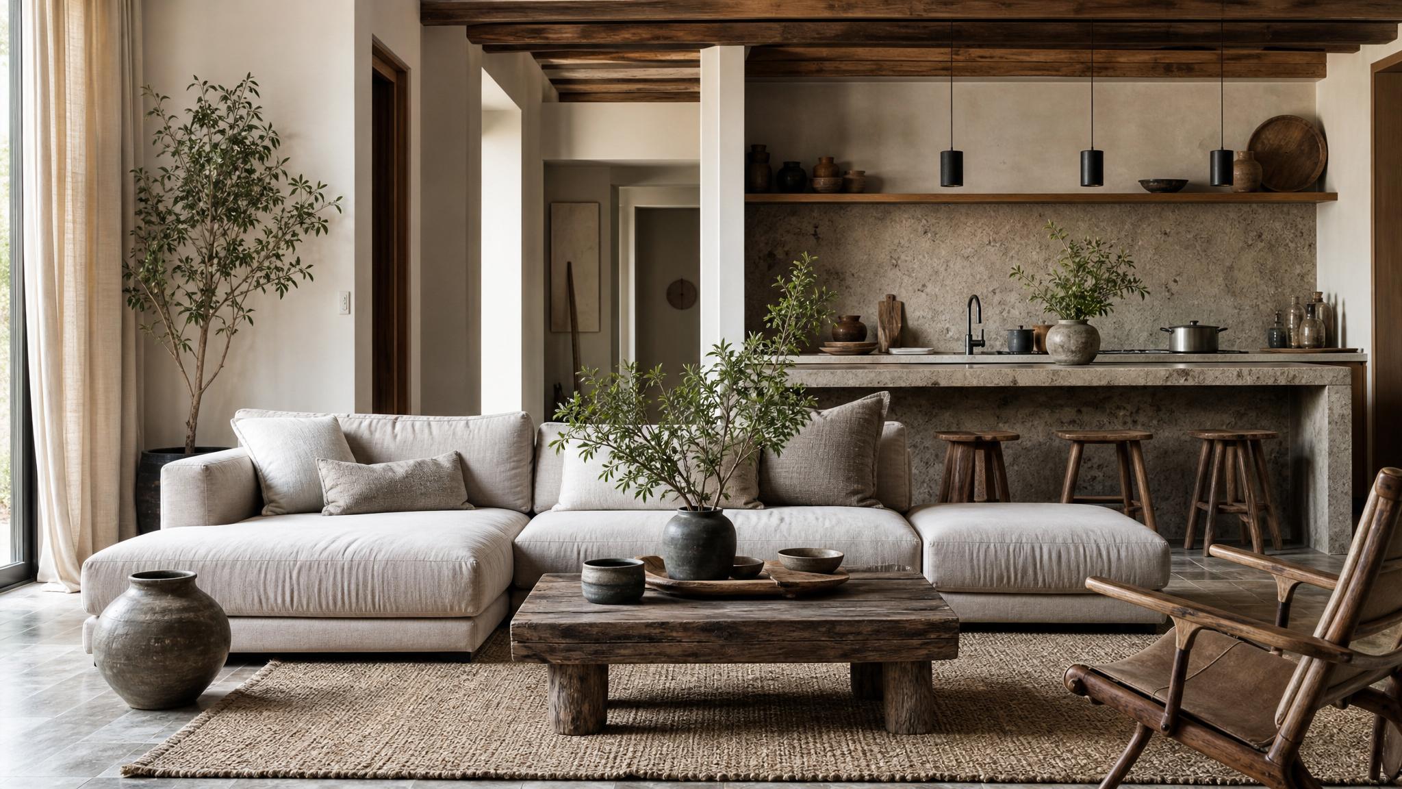 A cozy open-plan living room featuring neutral tones, rustic materials, and plants that embody the wabi-sabi aesthetic.