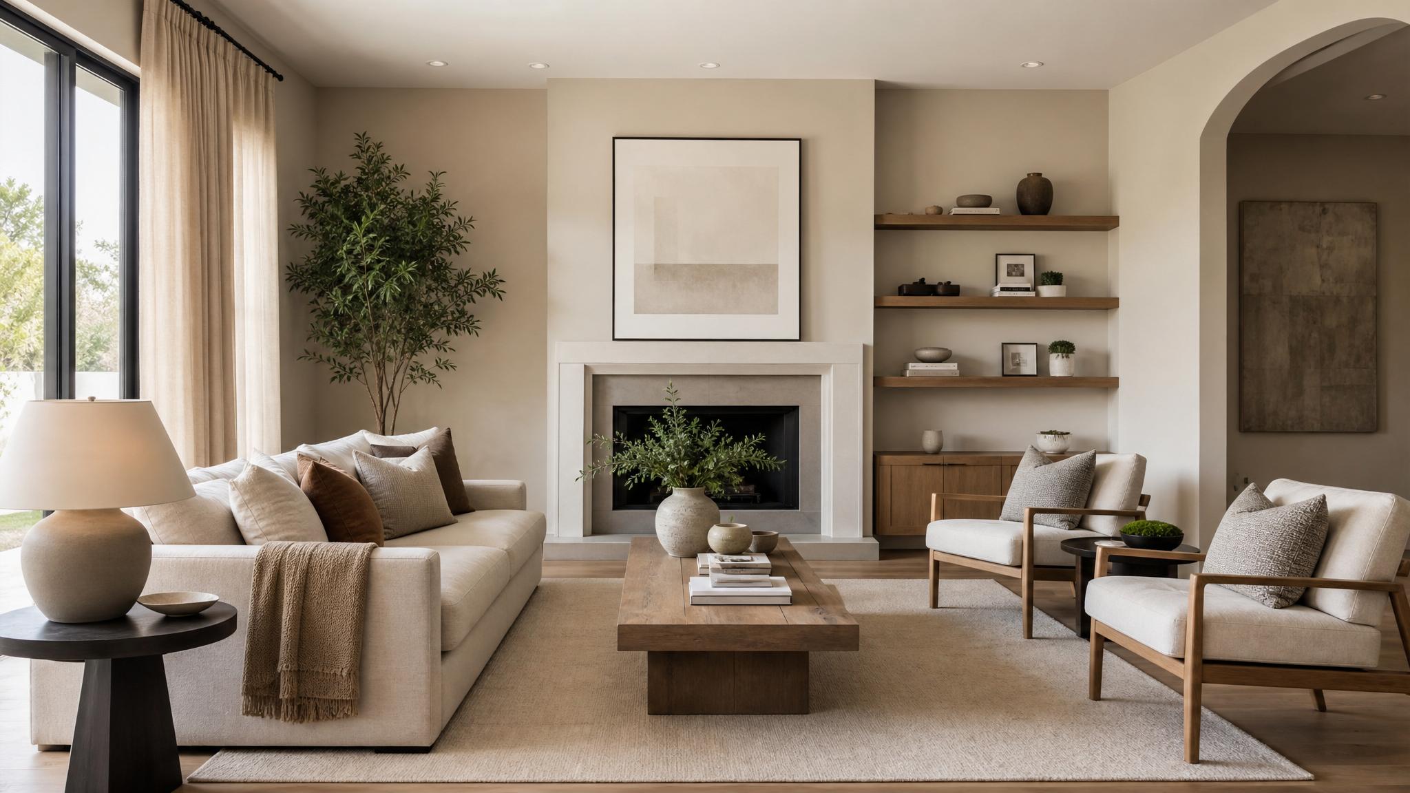 Visual representation of color combinations in a living room setting, showing the various shades of neutral hues.