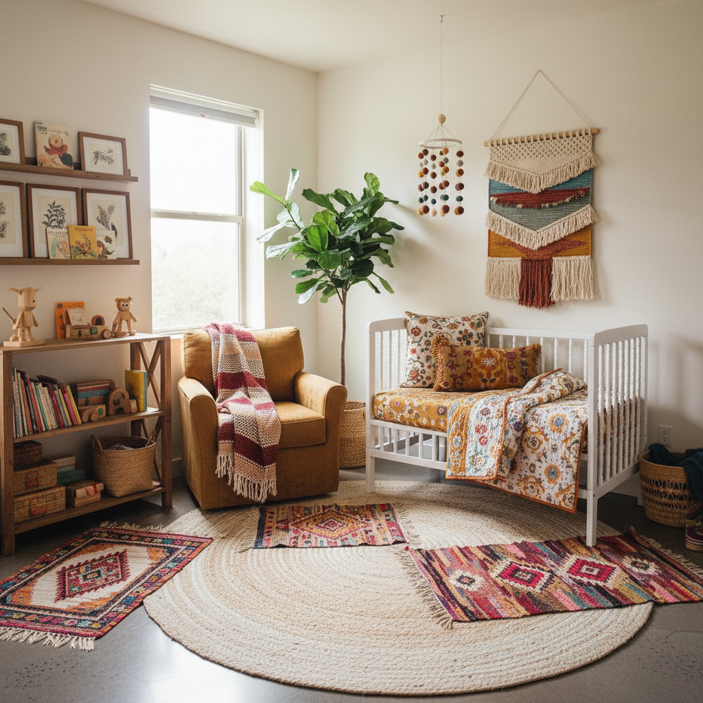 A cozy bohemian nursery with colorful textiles and natural light.