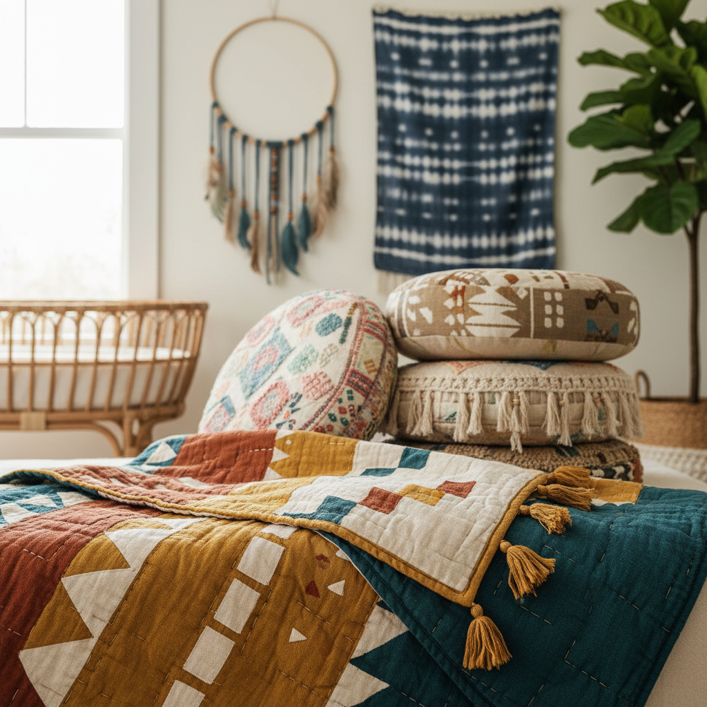 A close-up of bohemian nursery textiles: quilts, cushions, and wall hangings.
