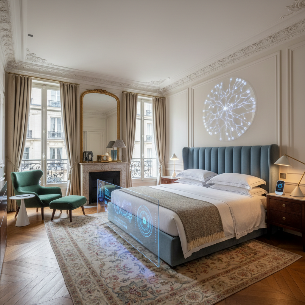 Elegant Parisian master bedroom showcasing classic decor and modern AI elements.