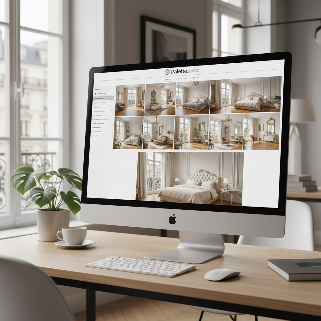 Palette.immo interface showing design options for a Parisian-style bedroom.