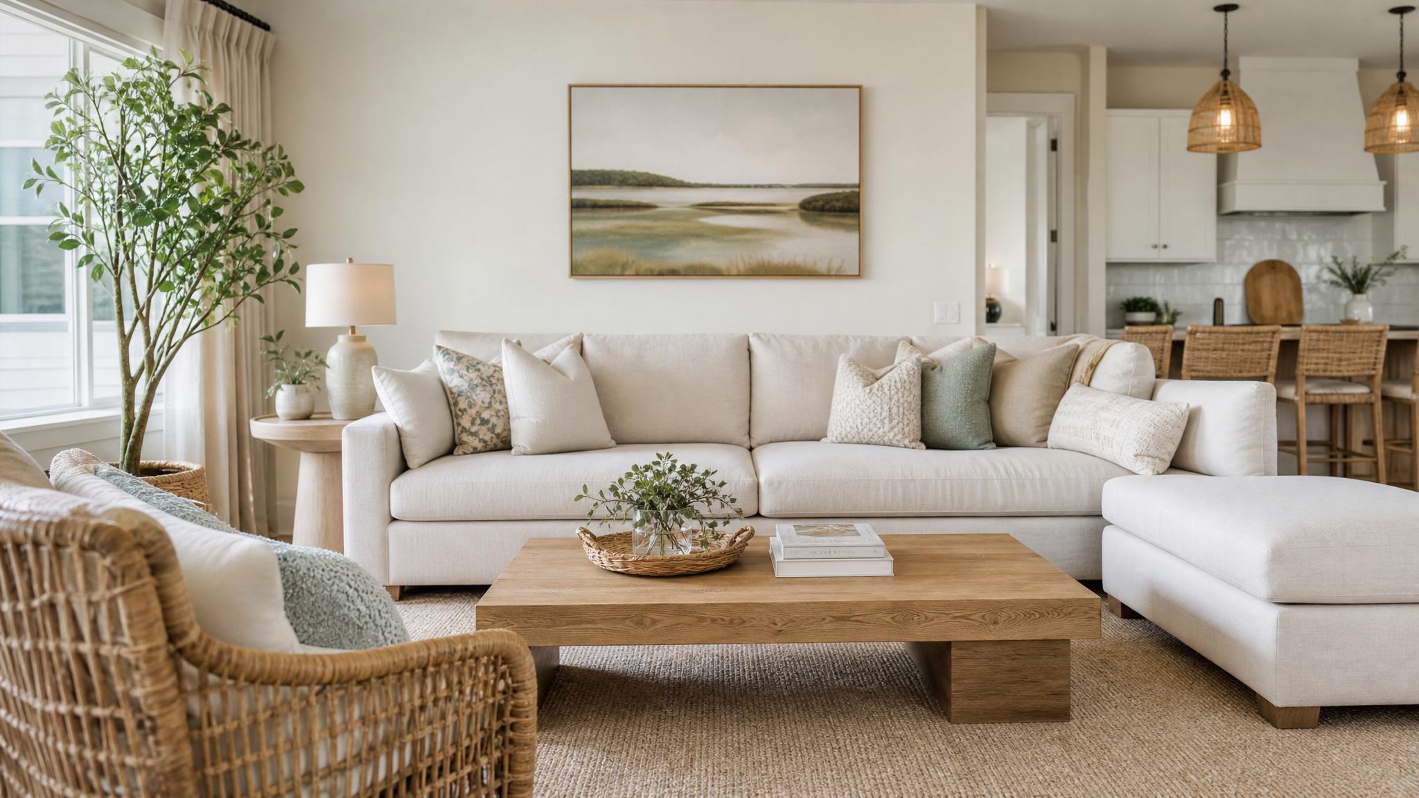 Light-colored furniture in a bright living room