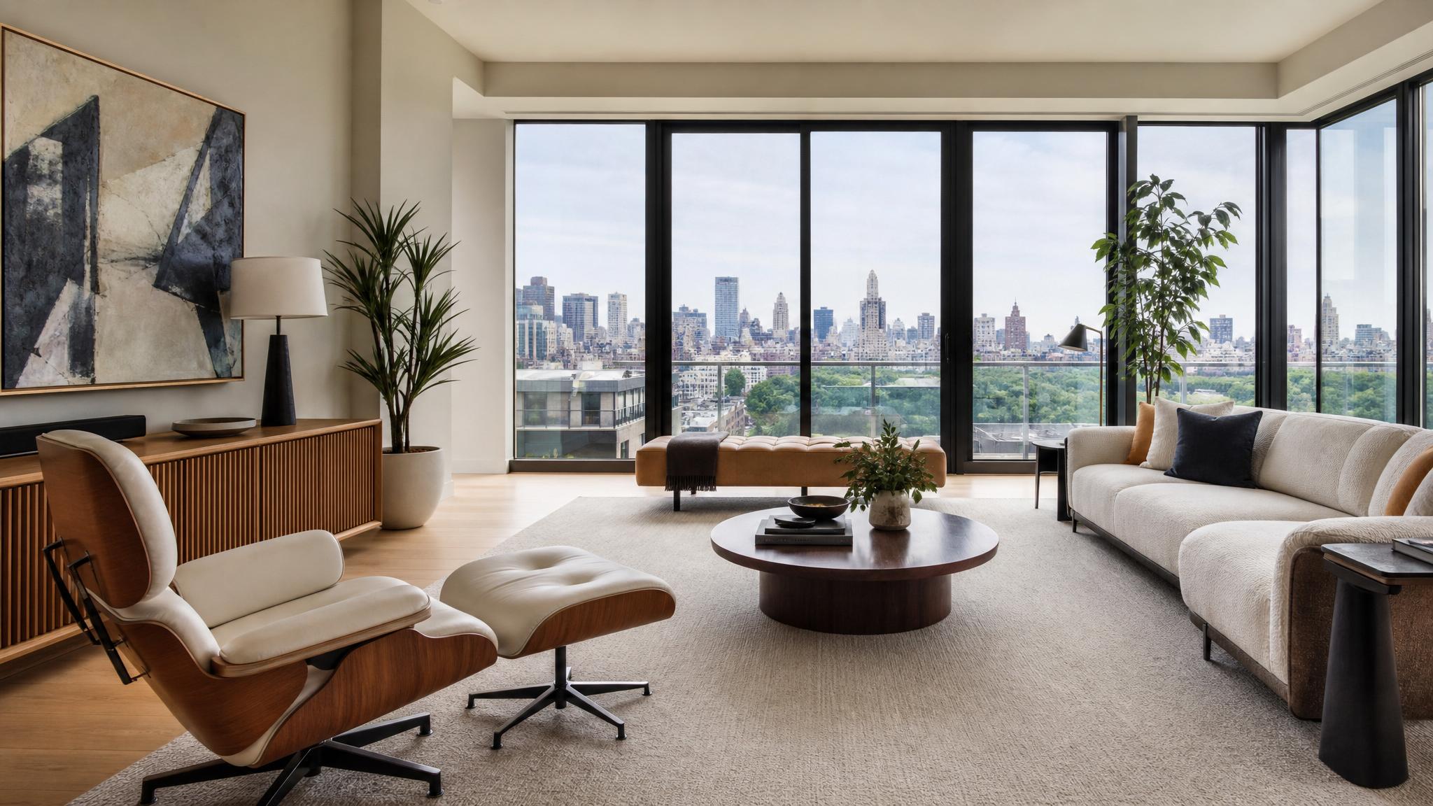Penthouse apartment view with mid-century modern furniture