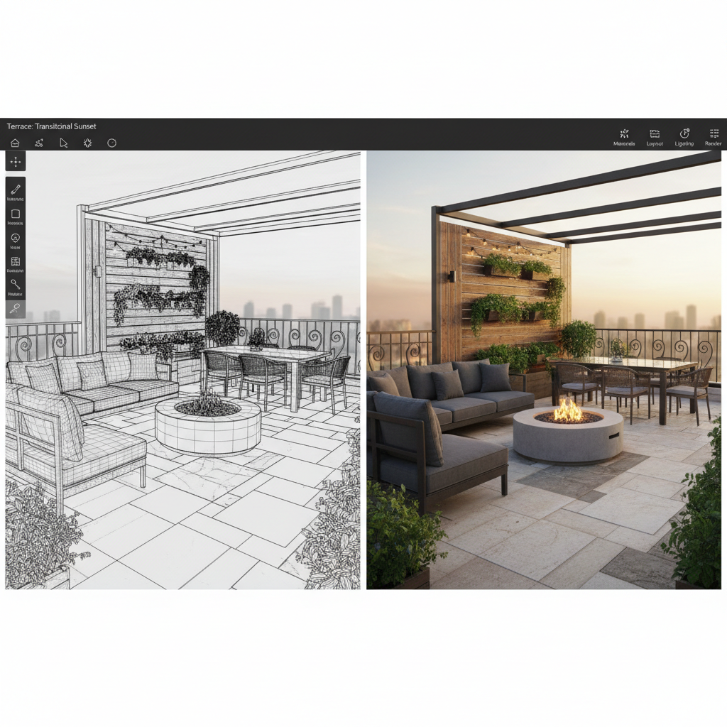 An illustration or screenshot of AI interior design software showing a transitional terrace mockup.