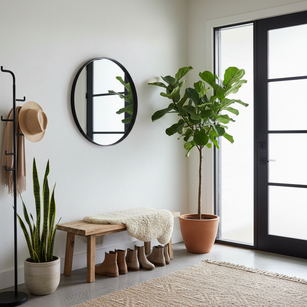 Nordic entryway with wooden bench and plants