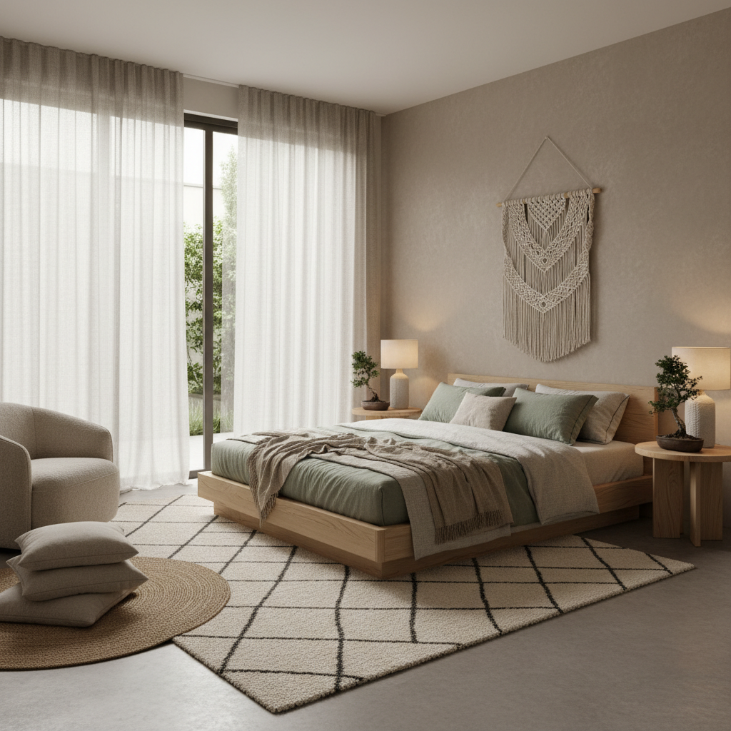 A serene Japandi bedroom showcasing natural materials and neutral colors