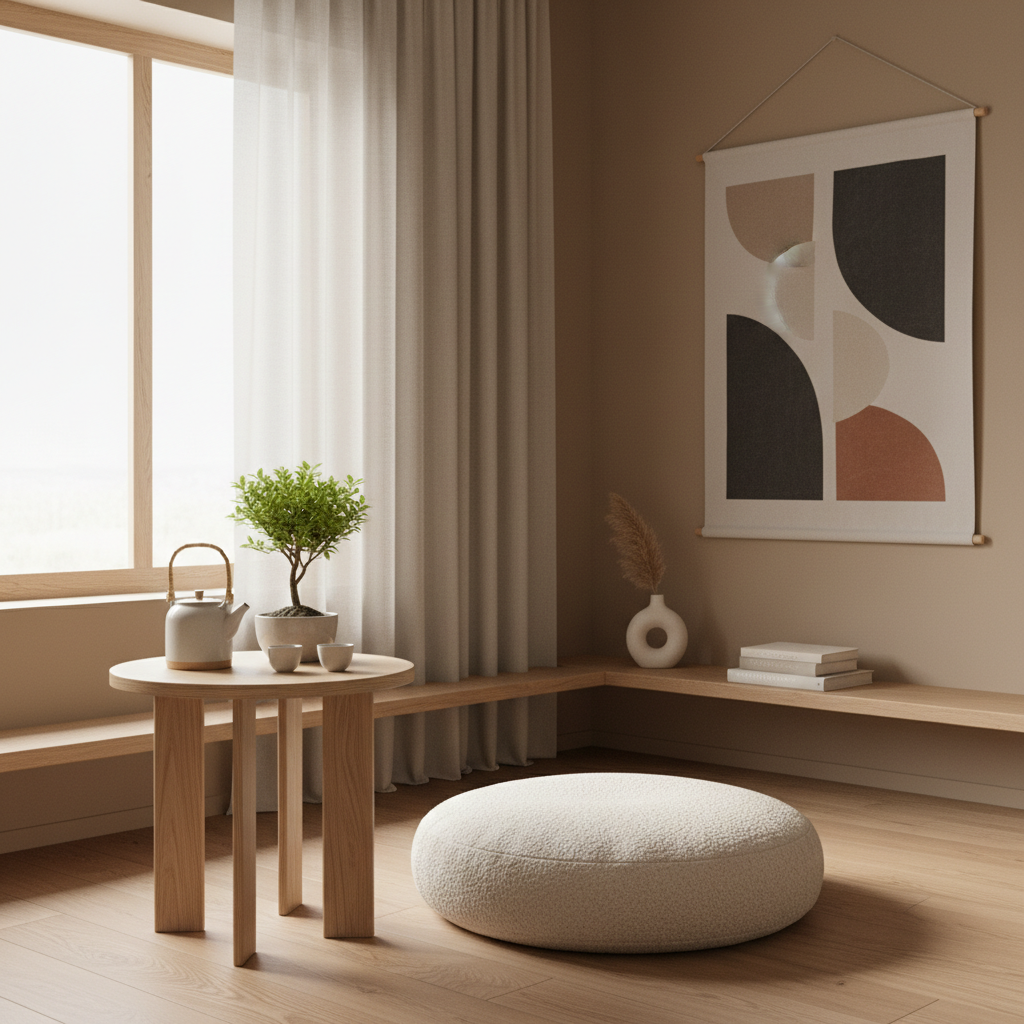 A cozy corner with a floor cushion and a Scandinavian side table in a Japandi-themed bedroom