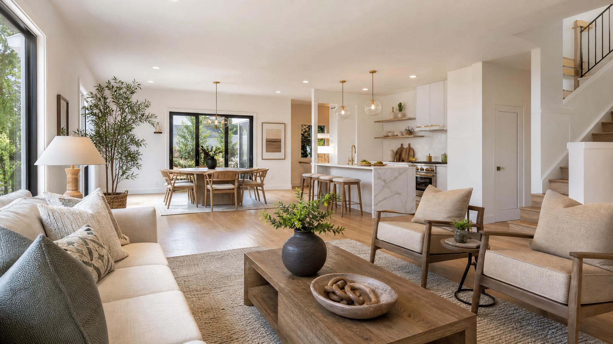 Beautifully staged open-plan living room with natural light