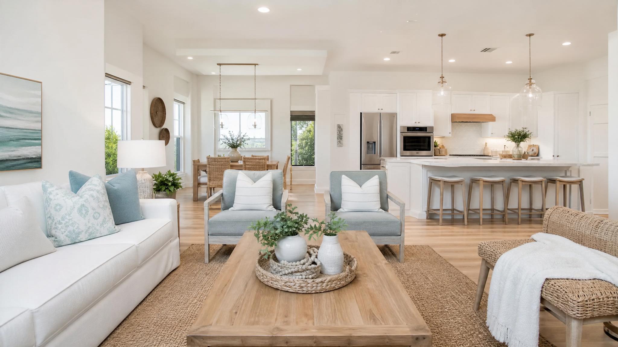 Color palette of bright whites and pastel colors in an open-plan living room