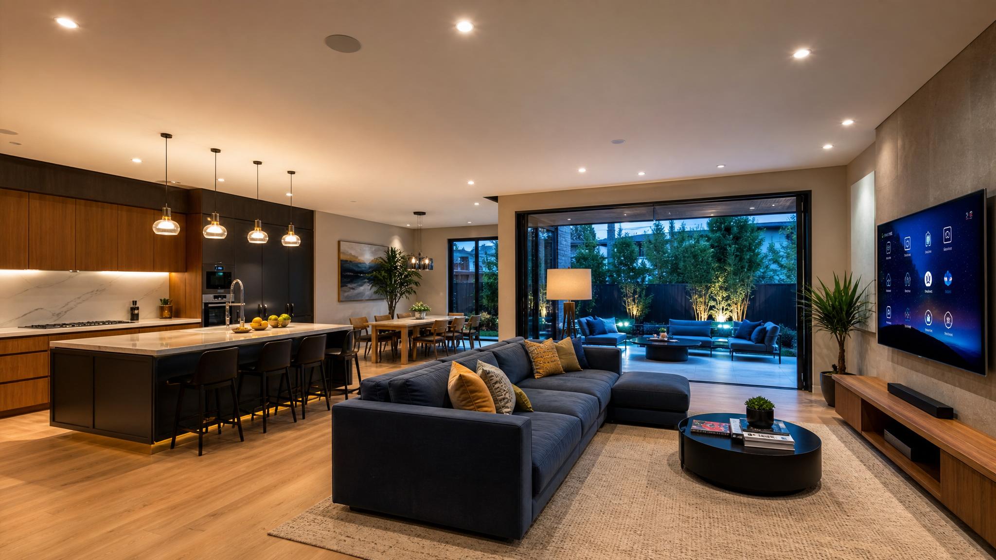 Open-plan living room with smart lighting and technology