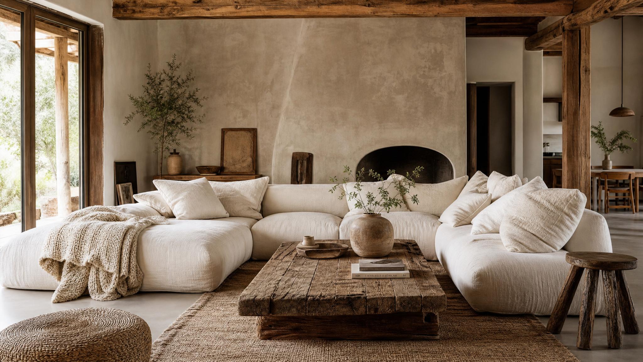 A wabi-sabi living room featuring raw wood furniture and oversized cozy textiles.
