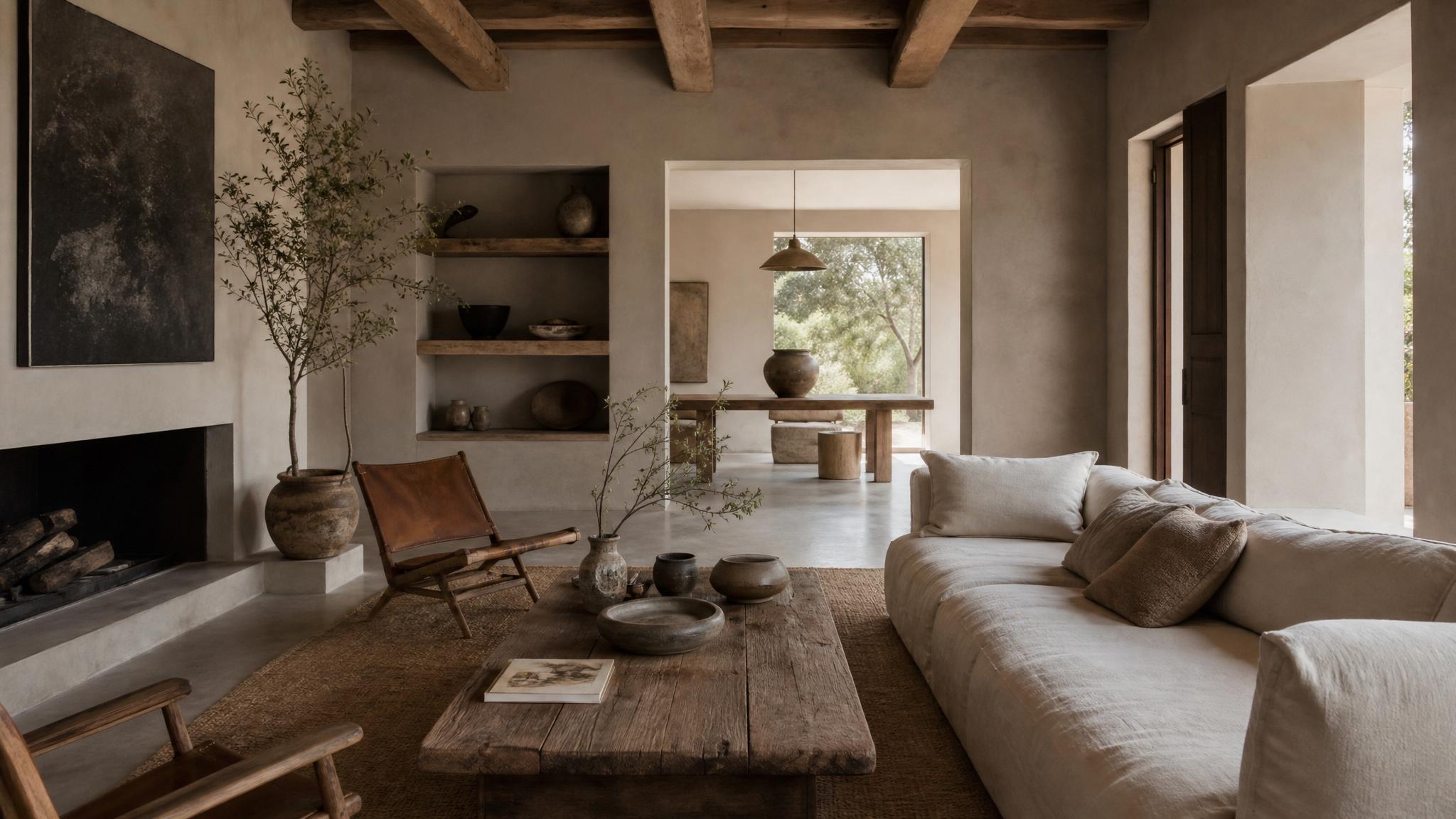 A wabi-sabi styled living room with muted color tones and natural decor.