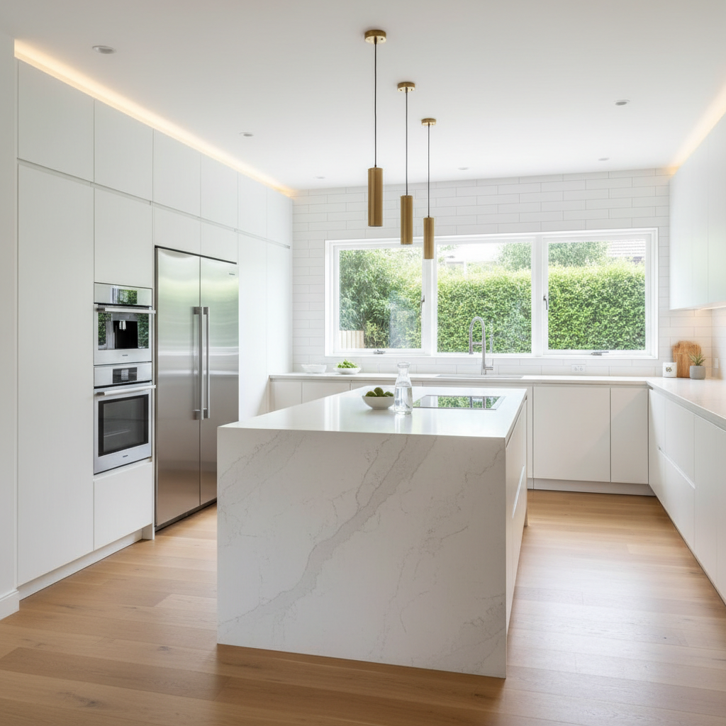 Brightly lit kitchen with modern appliances