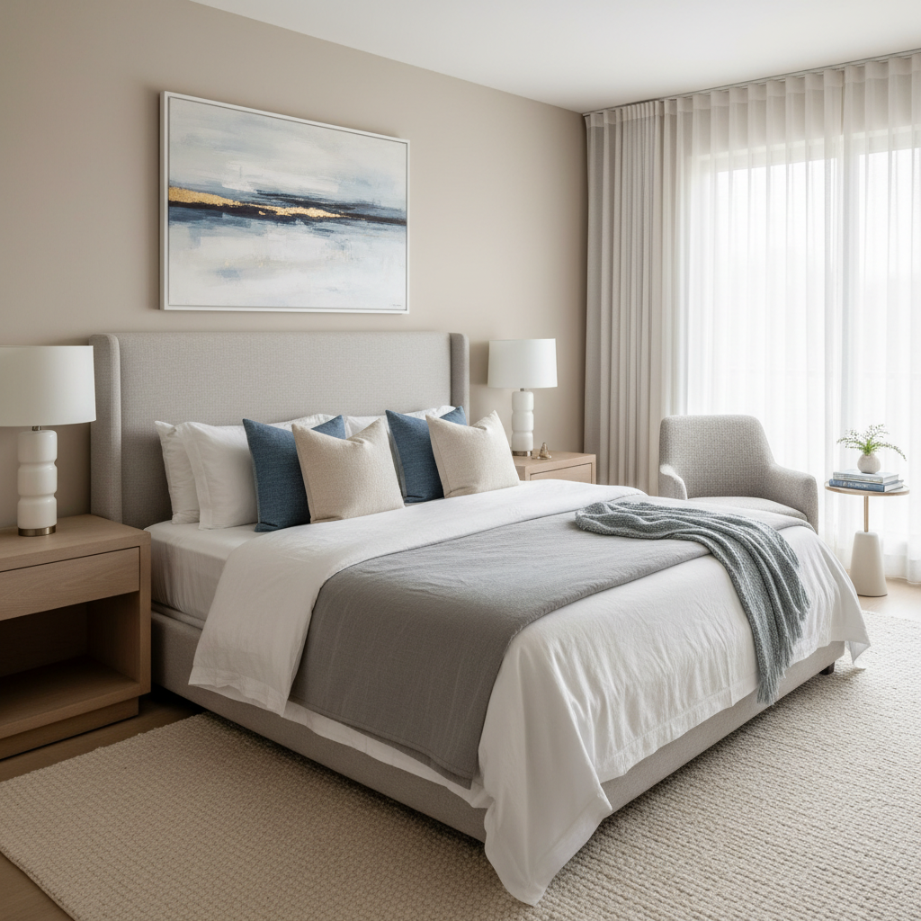 A perfectly made bed in a staged master bedroom