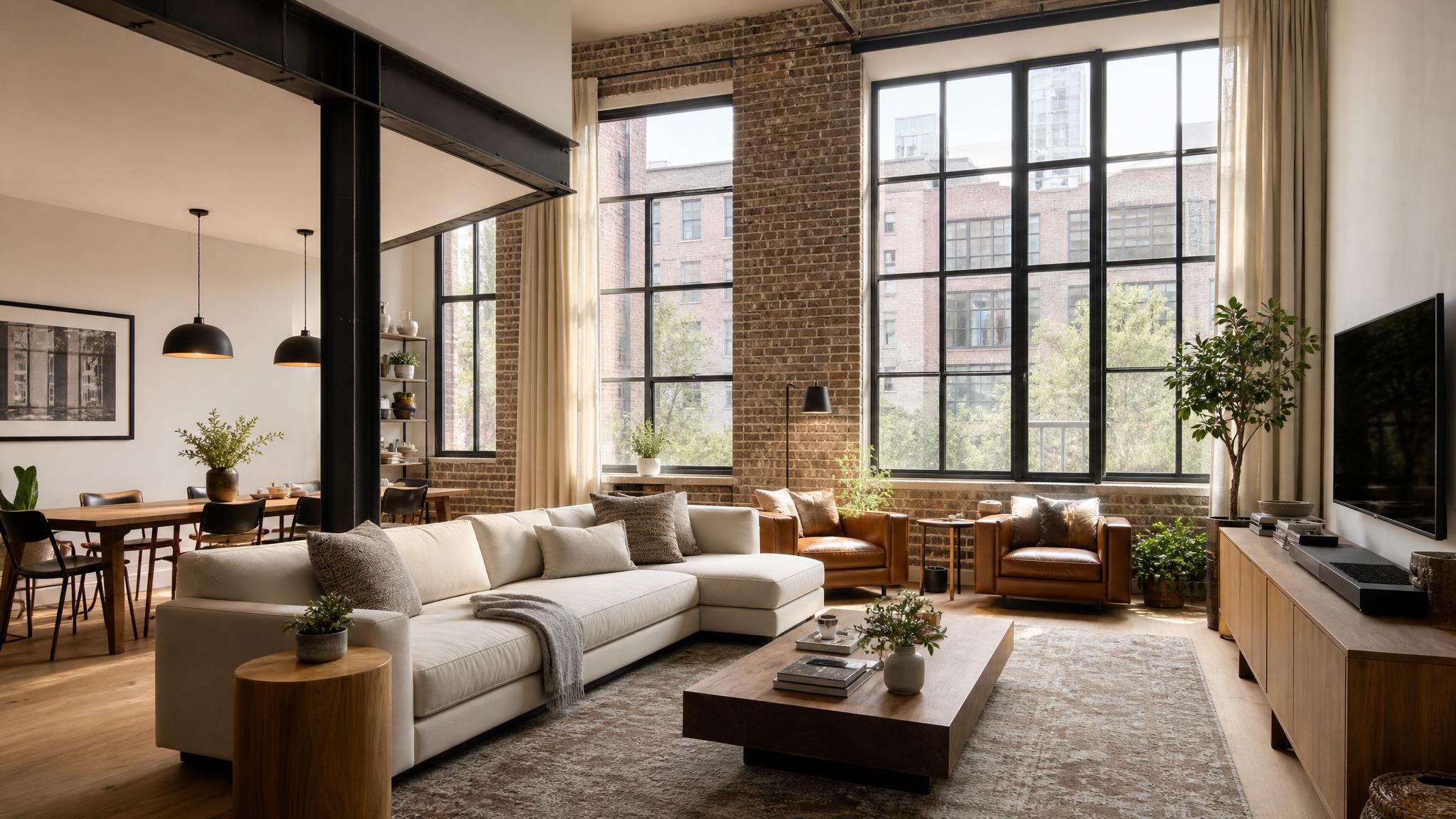 A stylish urban loft living room with tall ceilings and large windows.