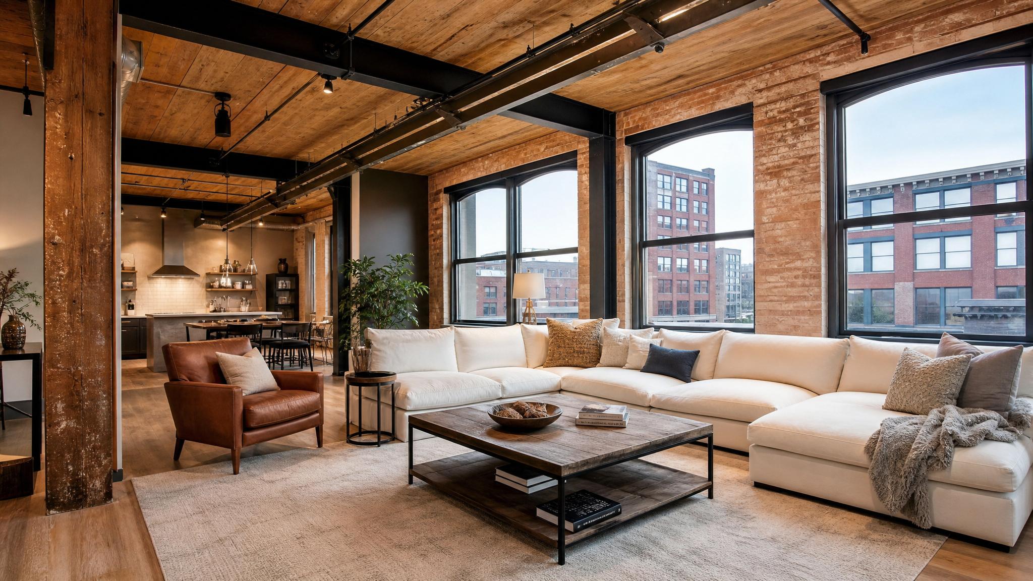 An urban loft living room showcasing exposed steel beams and rustic wood detailing.