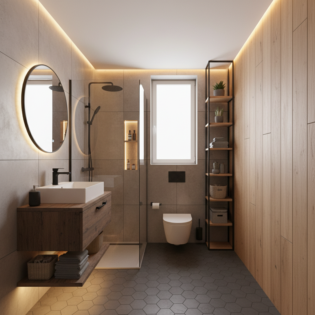A stylish small urban loft bathroom with modern fixtures and smart storage solutions.