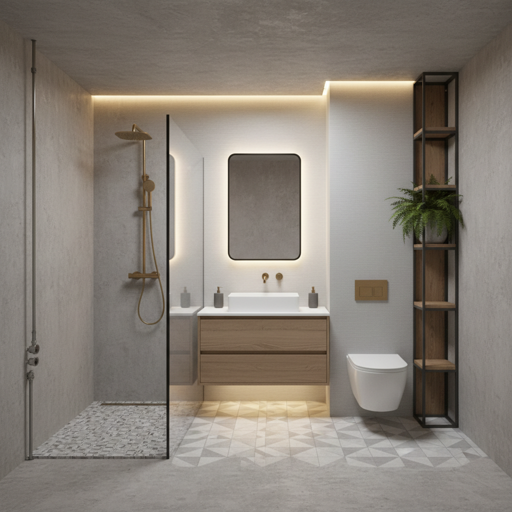 A virtual design layout showcasing suggested fixtures and layout for a small urban loft bathroom.