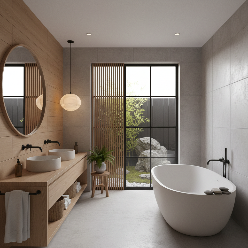 Image of a minimalistic Japandi bathroom showcasing wood and natural elements.