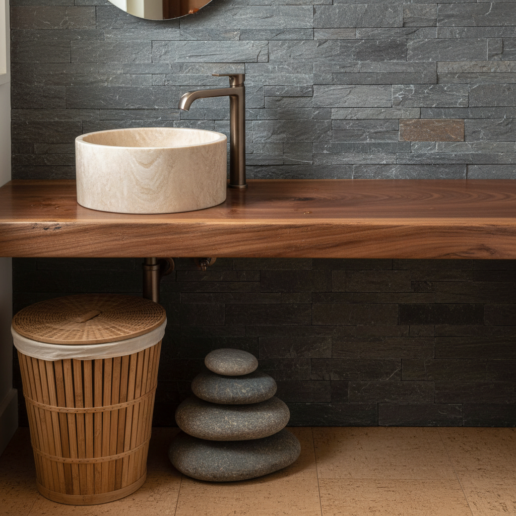 Close-up image of natural materials like wood and stone used in a bathroom.