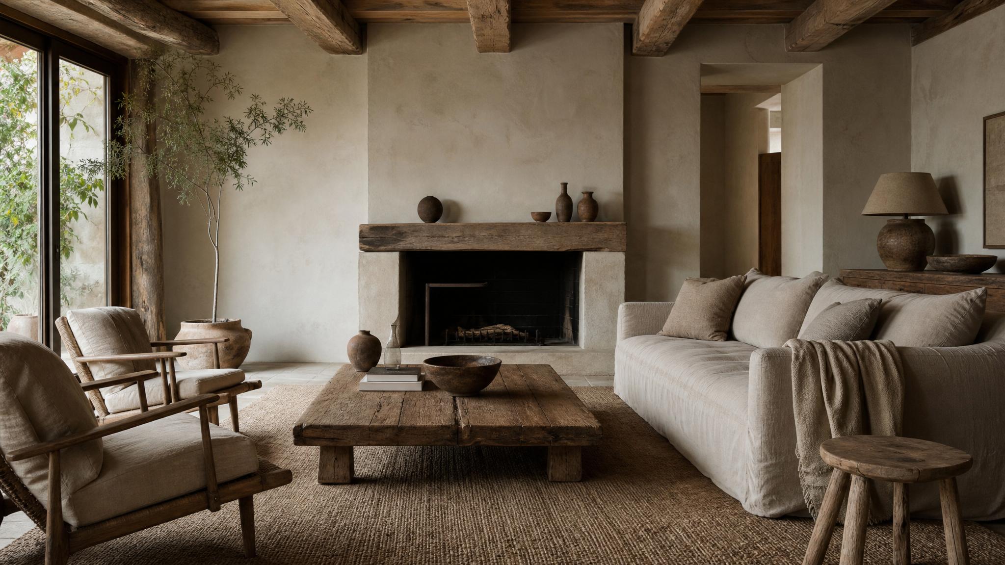 A cozy living room showcasing wabi-sabi design elements such as natural wood, rustic textures, and earthy colors.