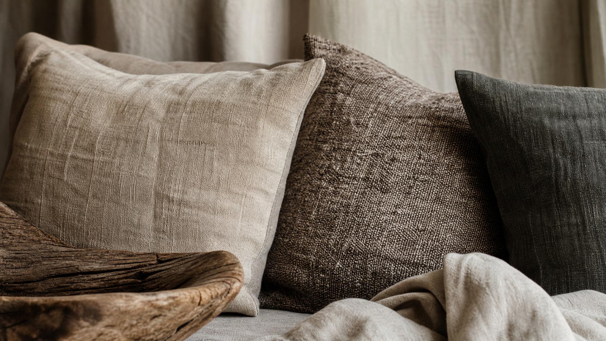 Close-up of textured fabrics and materials that embody wabi-sabi aesthetics.