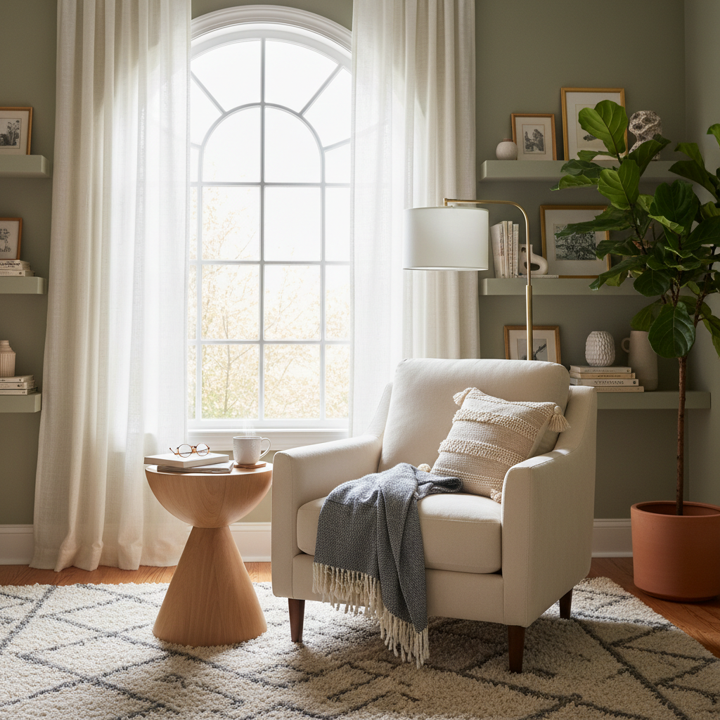 A beautifully staged reading nook with natural light
