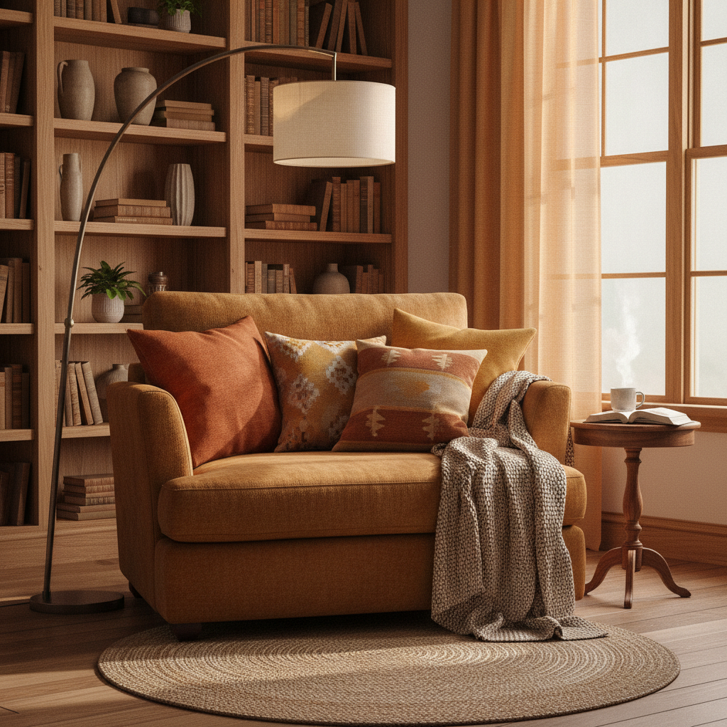 Cozy cushions and warm colors in a reading nook