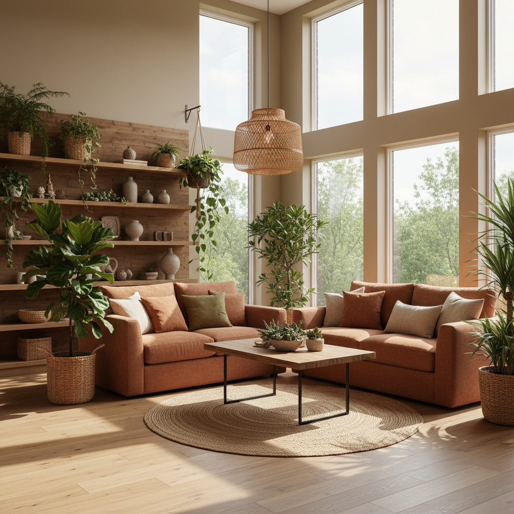 A beautifully designed biophilic living room featuring natural light, plants, and earthy tones.