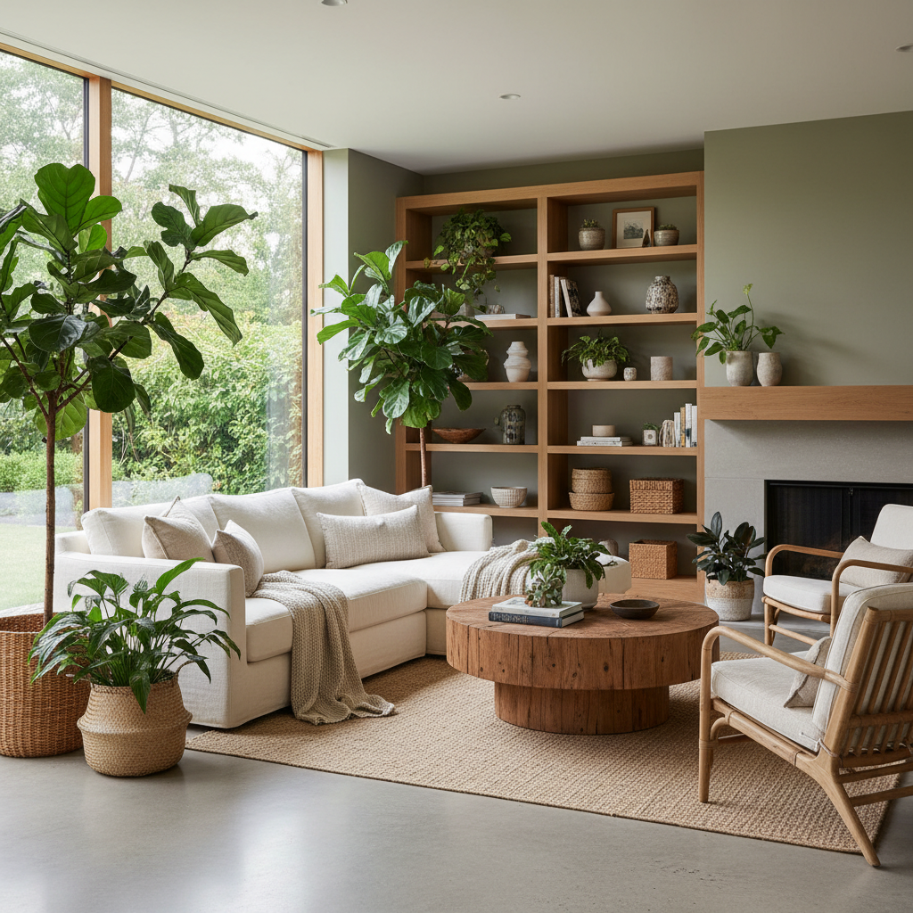 A cozy living room with abundant plants and natural materials emphasizing a biophilic design.