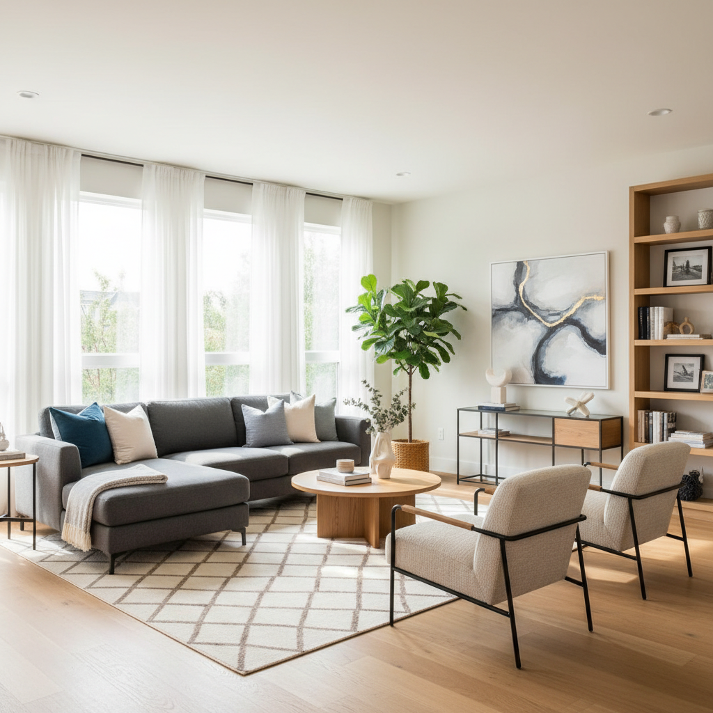 A beautifully staged living room with bright lighting and modern furniture.