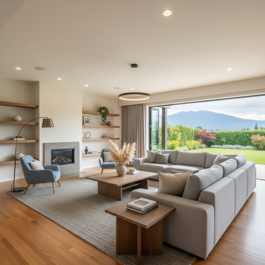 An angled shot of a living room showing depth and spaciousness.