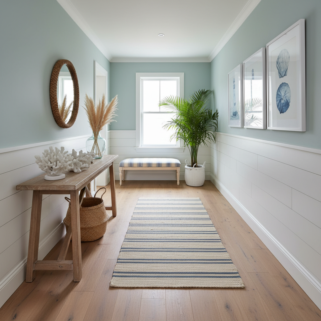A beautifully designed coastal hallway featuring light woods, soft blues, and natural decor.