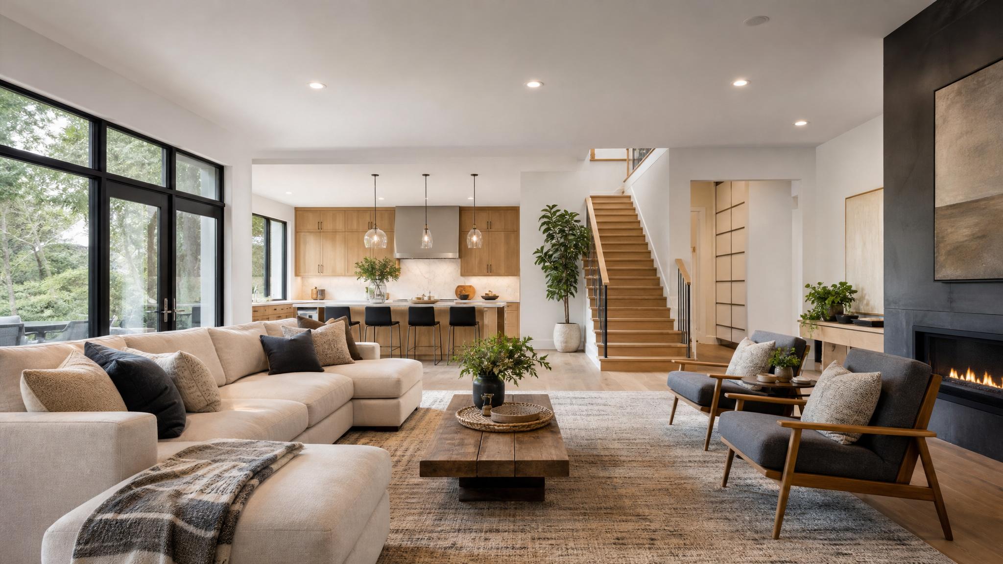 Image of a beautifully staged modern open-plan living room