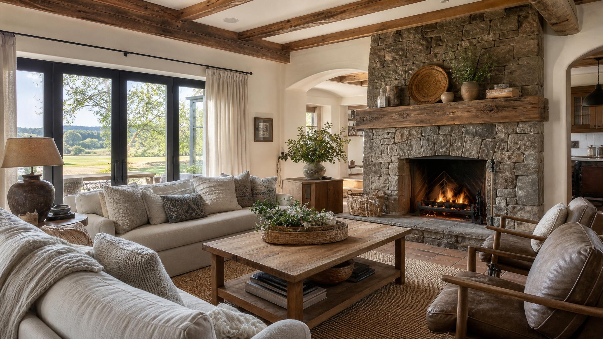 Charming farmhouse living room setup with neutral colors and rustic decor.