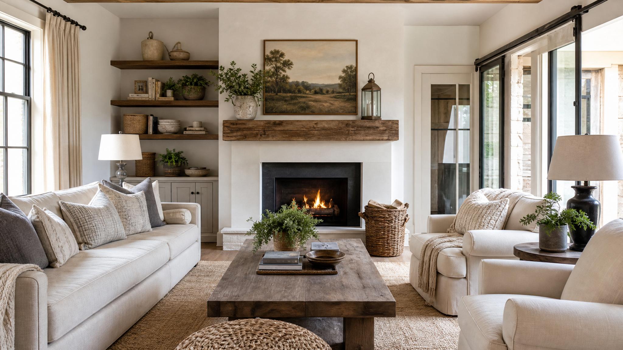 Cozy farmhouse living room showcasing neutral colors and layered textures.