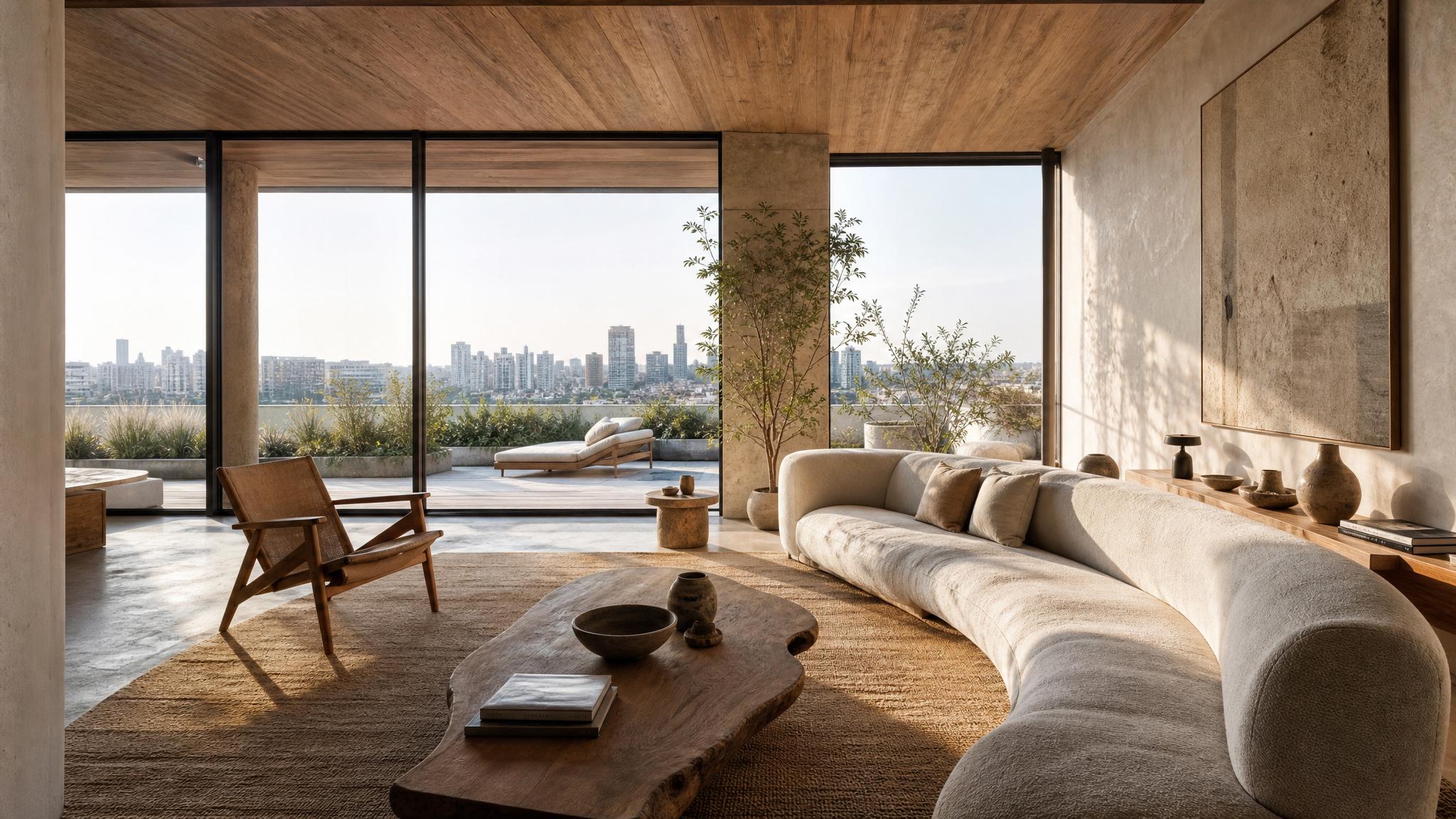 A serene penthouse living room showcasing wabi-sabi aesthetics with natural materials like wood and organic shapes.